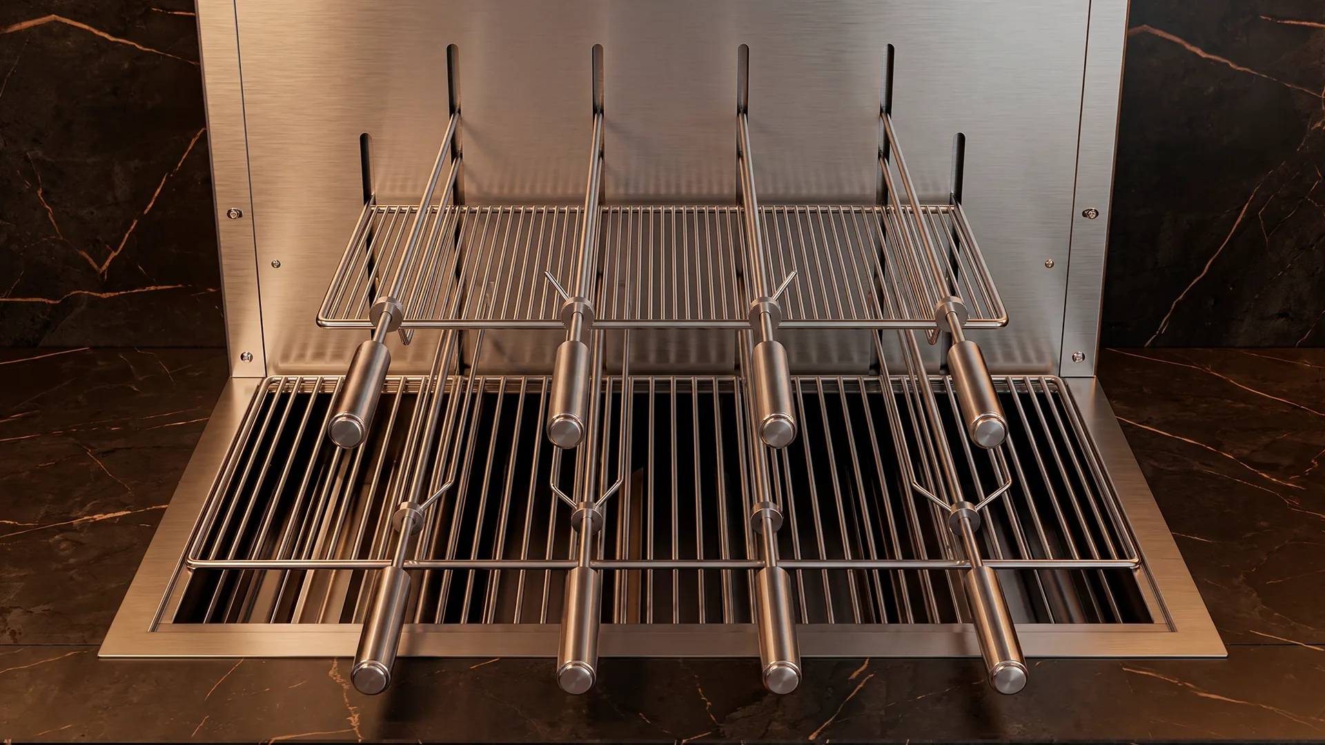Render da Elevatto em Inox 304: grelha elevada e grelha inferior, cada uma com quatro espetos rotativos, sobre bancada de mármore escuro